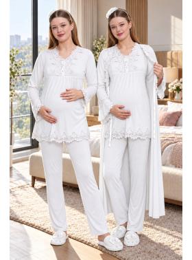 MECİT 1517 Sabahlıklı Hamile Lohusa Pijama Takımı - Ekru